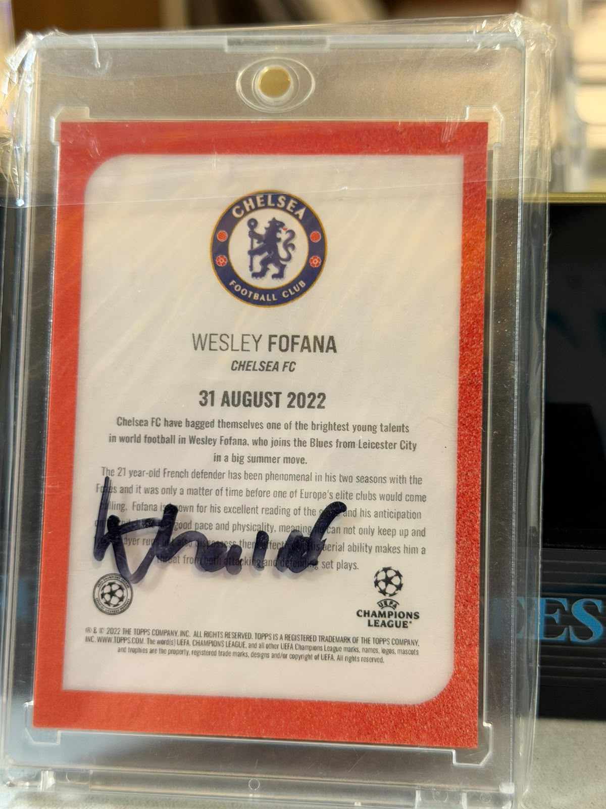 Wesley Fofana 09/10 Autograph – Topps UEFA Champions League – Chelsea trading card, back