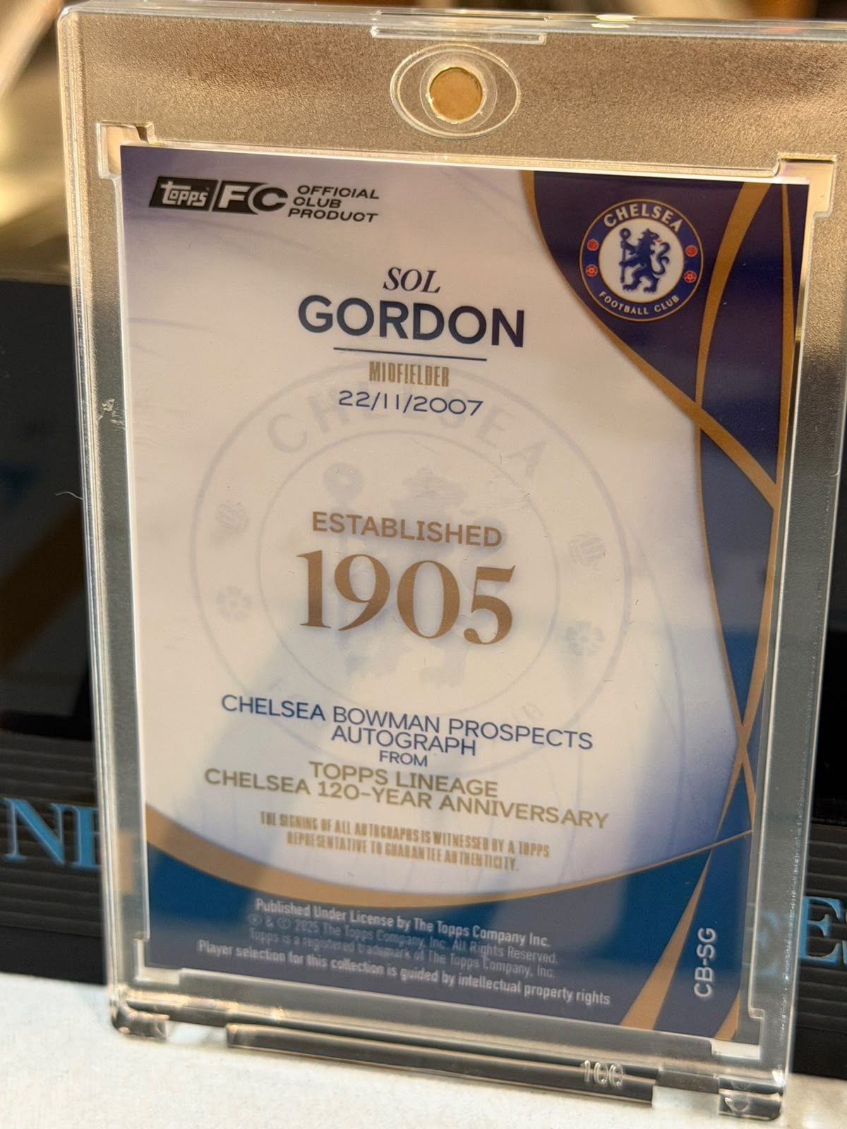 Sol Gordon 68/75 1st Bowman Autograph – Bowman Chelsea Prospects – Chelsea trading card, back