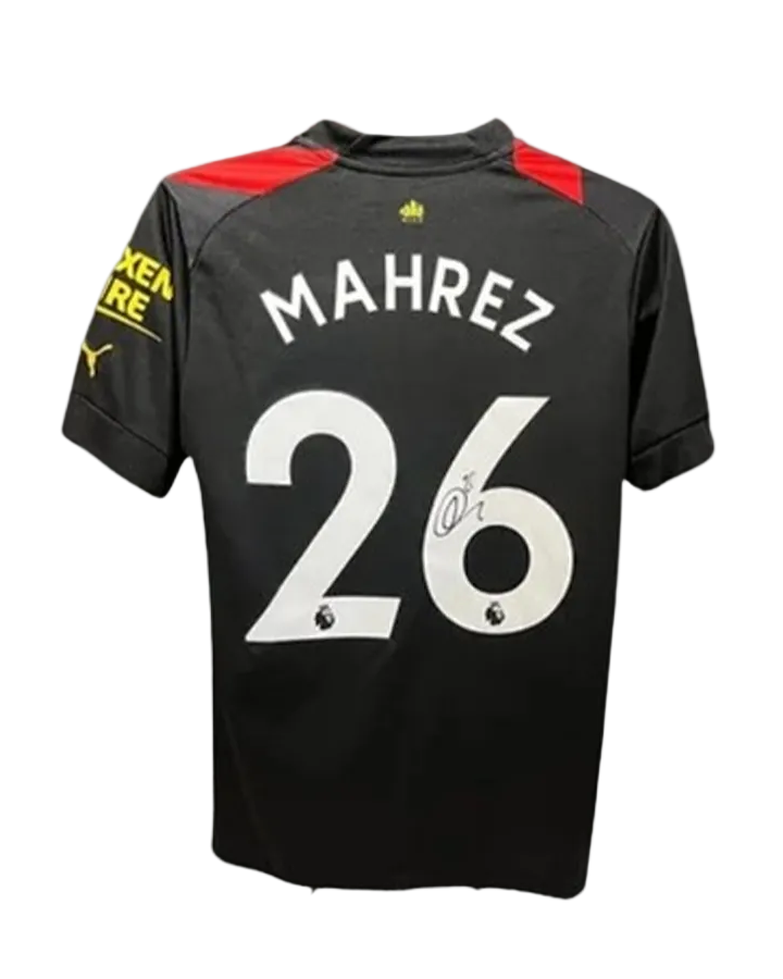 Black sports jersey with 'Mahrez' and number '26' on a gray background