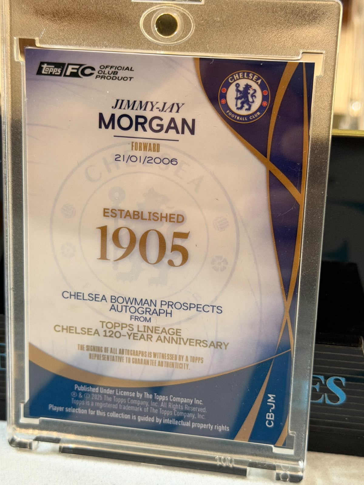 Jimmy-Jay Morgan Chelsea Bowman Prospects Autograph – Topps Lineage Chelsea 120-Year Anniversary – Chelsea trading card, back