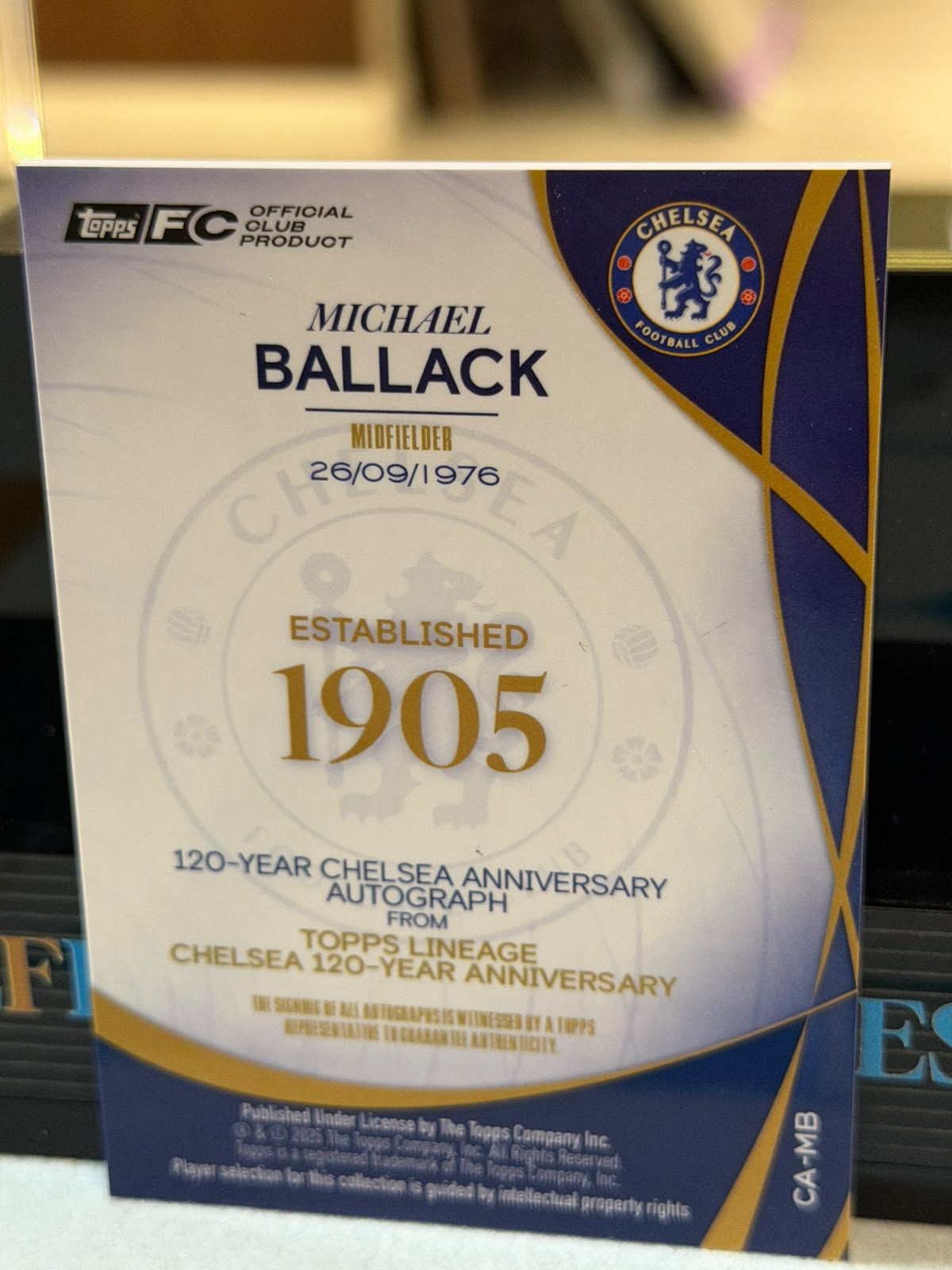 Michael Ballack 3/5 Lineage Autograph – Topps Lineage Chelsea 120-Year Anniversary – Chelsea trading card, back