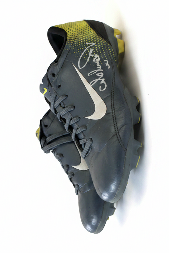 Grey and yellow match-worn boots with Ronaldo Nazario's signature on the side