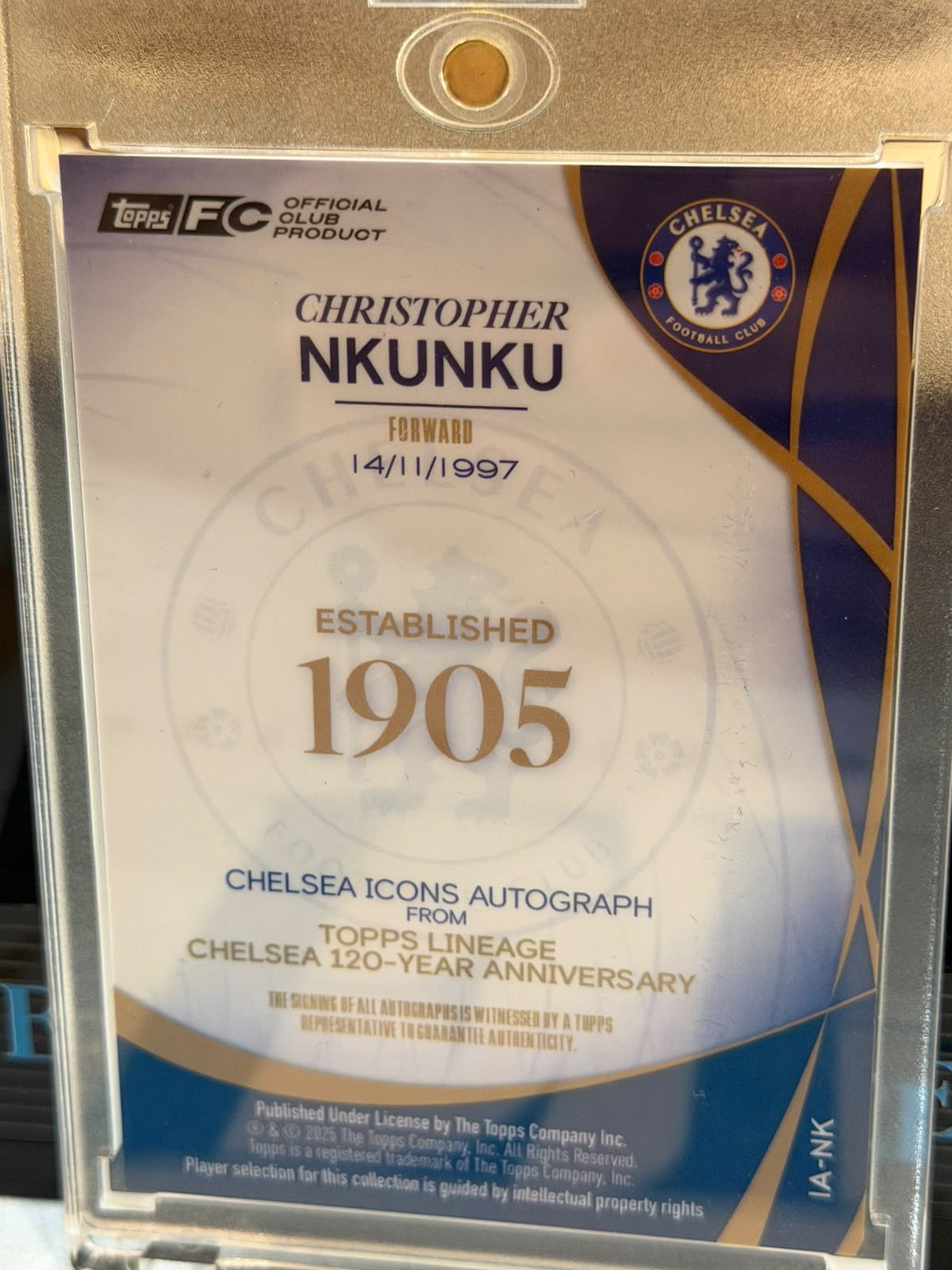 Christopher Nkunku 4/5 Lineage Autograph – Topps Lineage Chelsea 120-Year Anniversary – Chelsea trading card, back