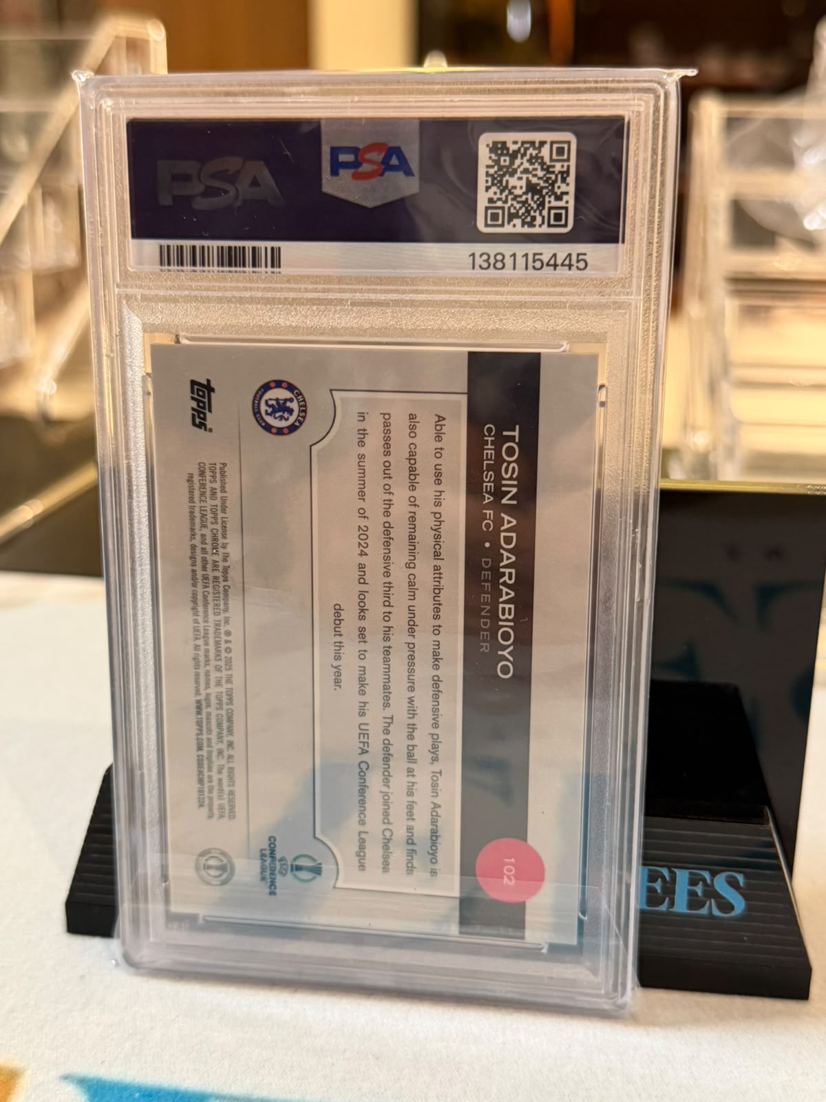 Tosin Adarabioyo 07/10 Black Prism – 2024-25 Topps Chrome UCC (PSA 10) – Chelsea trading card, back