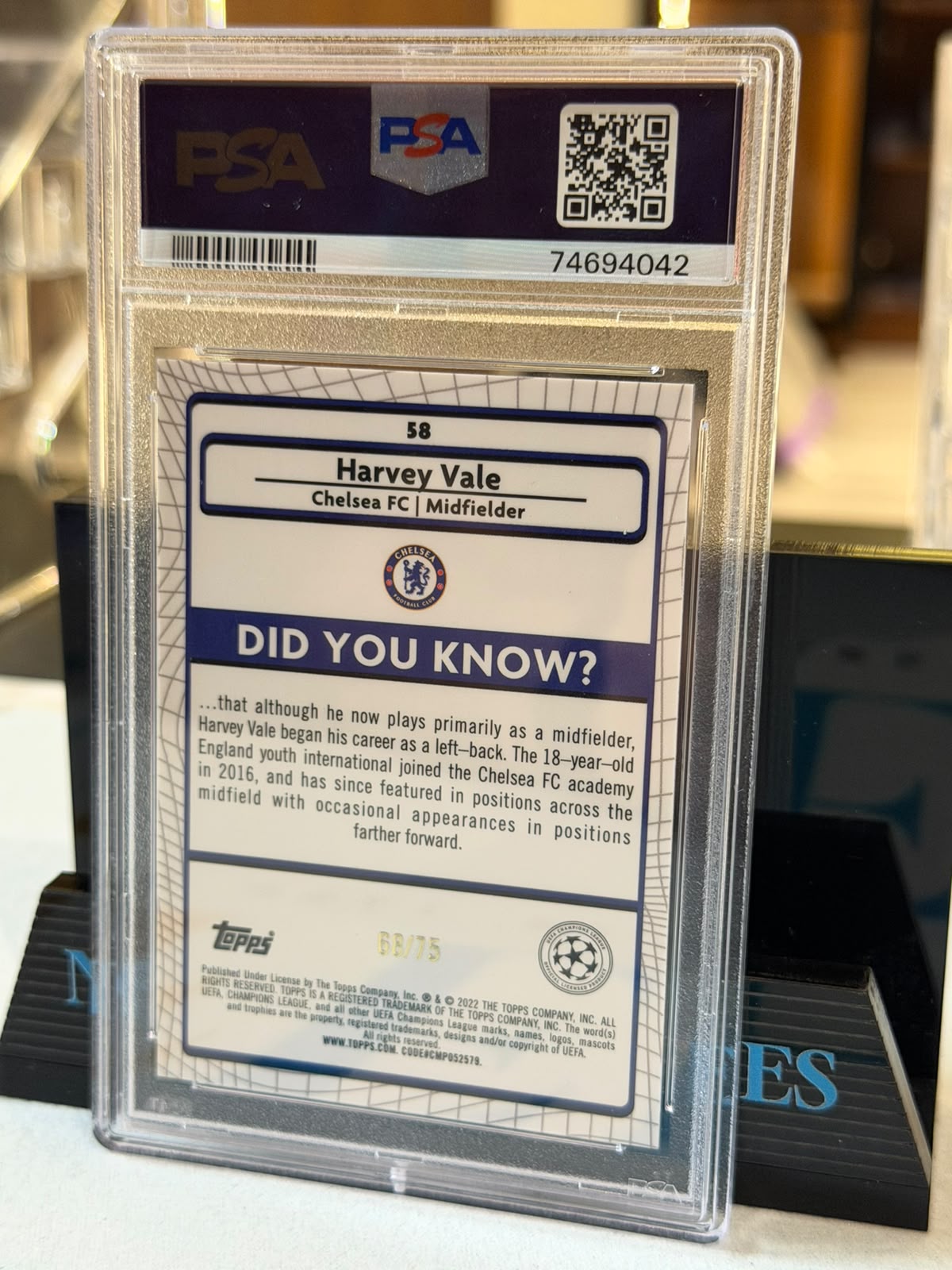 Harvey Vale Blue Shimmer Refractor RC – 2021/22 Merlin Chrome UEFA (PSA 9) – Chelsea trading card, back