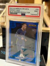 Harvey Vale Blue Shimmer Refractor RC – 2021/22 Merlin Chrome UEFA (PSA 9) – Chelsea trading card, front