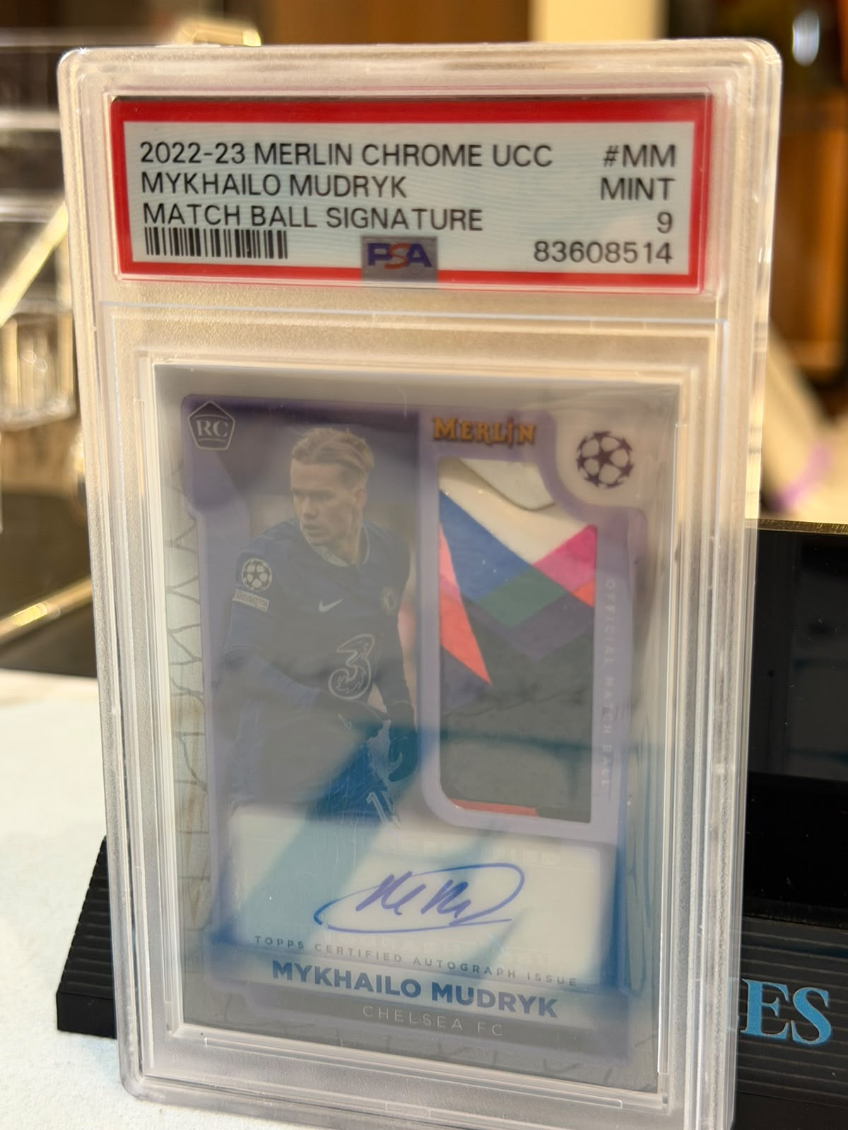 Mykhailo Mudryk Match Ball Signature RC – 2022-23 Merlin Chrome UCC (PSA 9) – Chelsea trading card, front