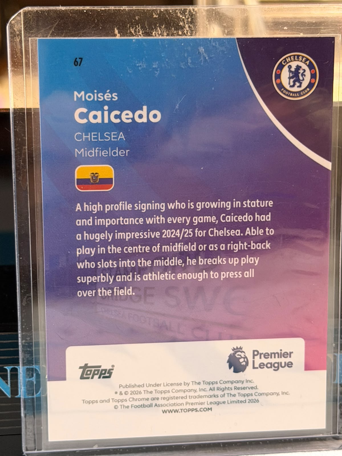 Moisés Caicedo 3/5 Red Parallel – Topps Chrome Premier League – Chelsea trading card, back
