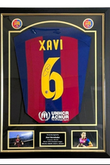 Xavi Hernández Signed Barcelona Shirt, framed front view