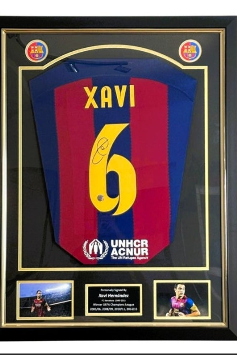 Xavi Hernández Signed Barcelona Shirt, framed front view