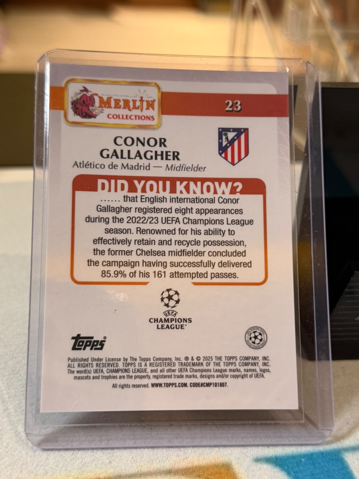 Conor Gallagher Purple Sparkle Refractor – 2024-25 Topps Merlin UEFA Club Competitions – Atlético Madrid trading card, back