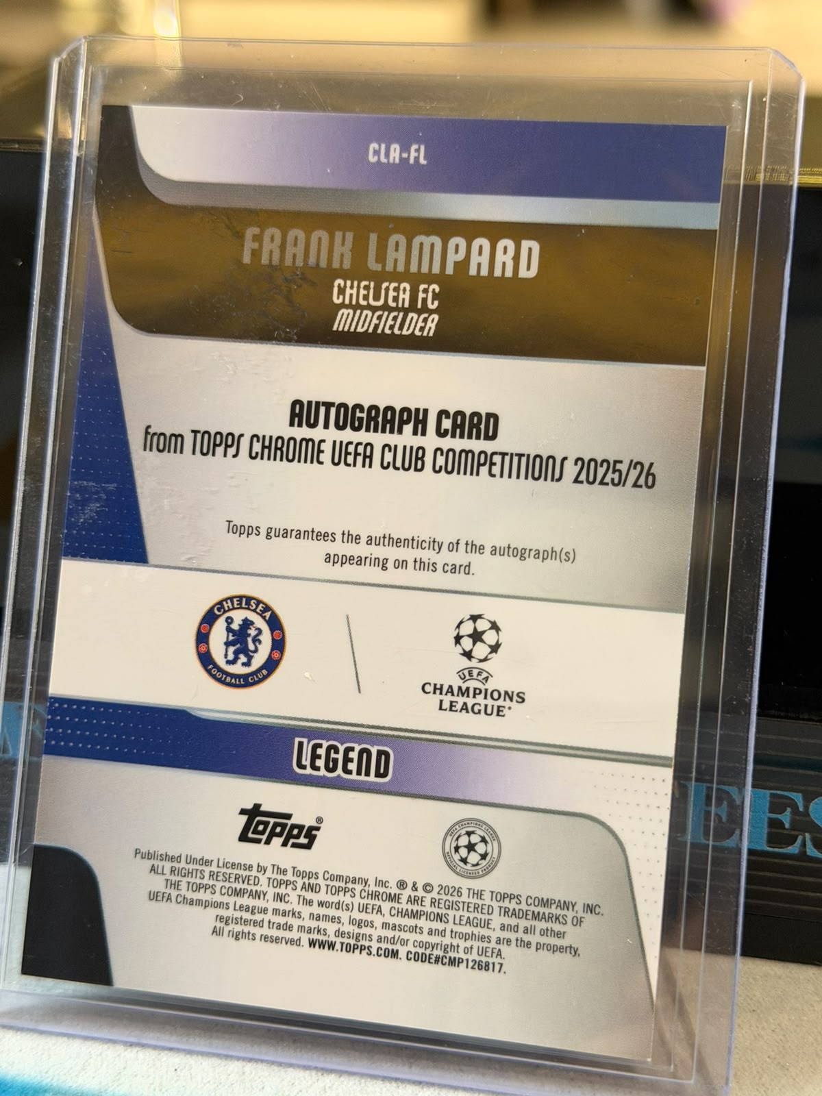 Frank Lampard 78/99 Green Refractor Autograph – Topps Chrome UEFA Champions League – Chelsea trading card, back