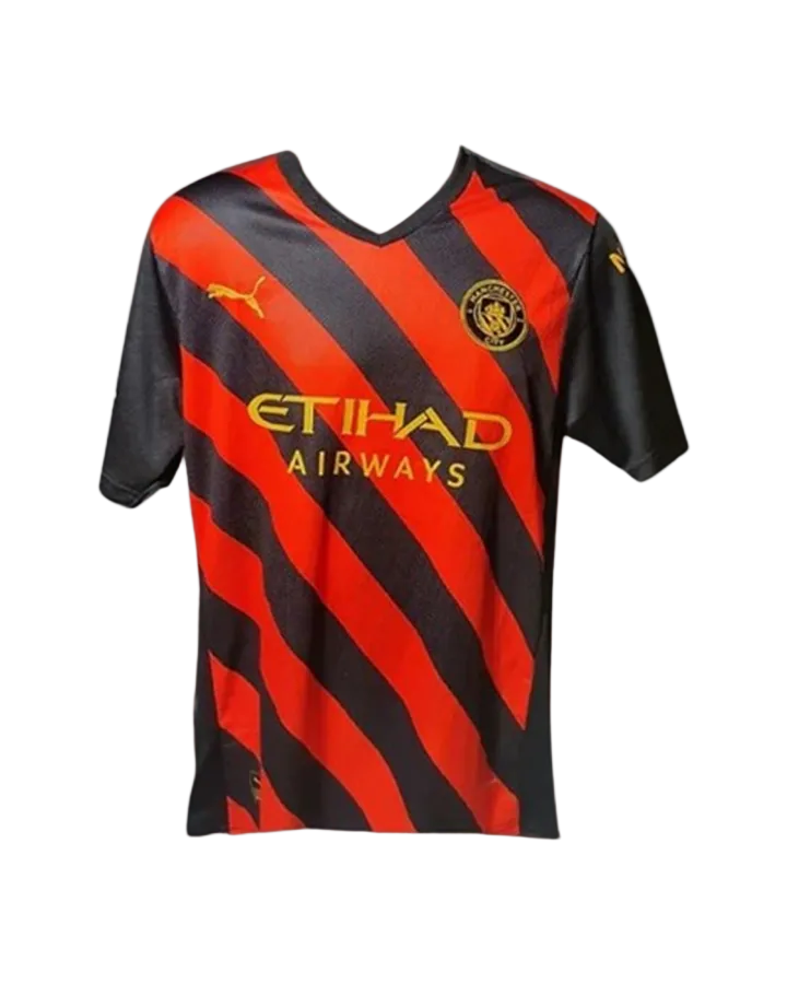 Black and red striped sports jersey with 'Etihad Airways' logo on a light gray background