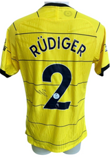 Close-up of Antonio Rudiger's signature on the Chelsea shirt