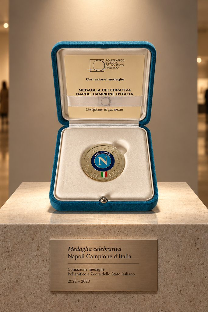 An open blue presentation box containing a round commemorative coin and certificate, displayed on a stone pedestal in a blurred indoor exhibition space. The coin has a gold-toned rim, a blue center with an Italian flag motif, and the text 'Medaglia celebrativa Napoli Campione d'Italia 2022-2023'.