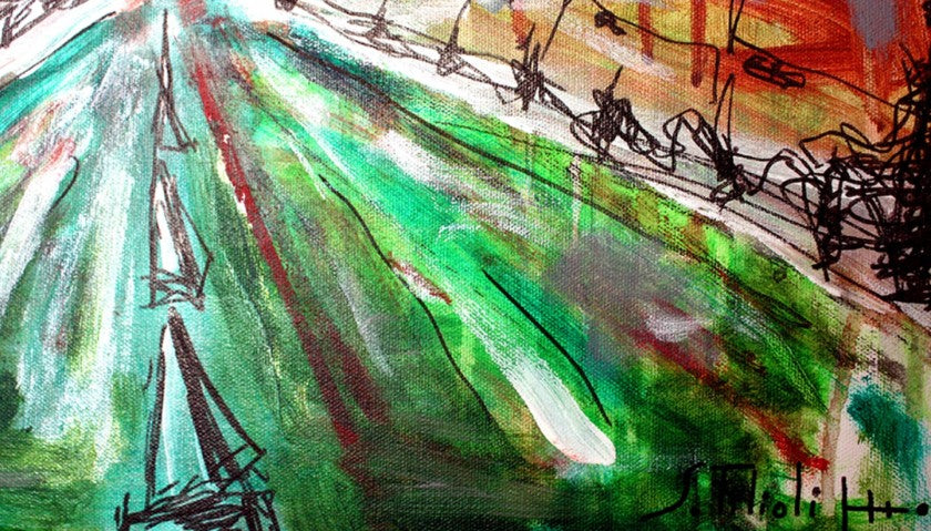 "Viaggiare dentro" by Saverio Filioli — mixed media on canvas, side angle detail