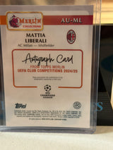 Mattia Liberali Orange Refractor Autograph (RC) – 2024-25 Topps Merlin UEFA Club Competitions – AC Milan trading card, back