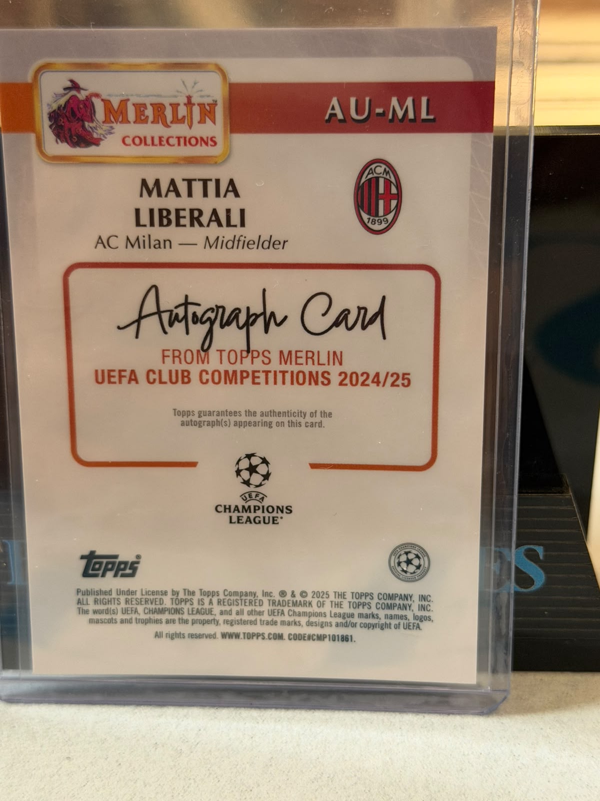 Mattia Liberali Orange Refractor Autograph (RC) – 2024-25 Topps Merlin UEFA Club Competitions – AC Milan trading card, back