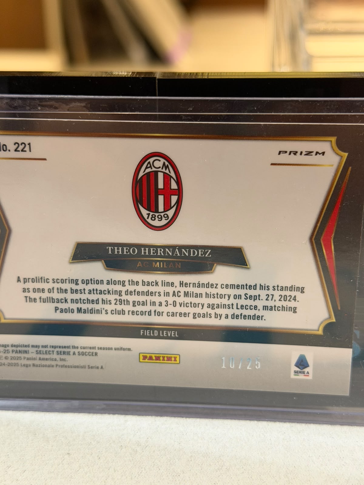 Theo Hernández Field Level Parallel – 2024-25 Panini Select Serie A – AC Milan trading card, back
