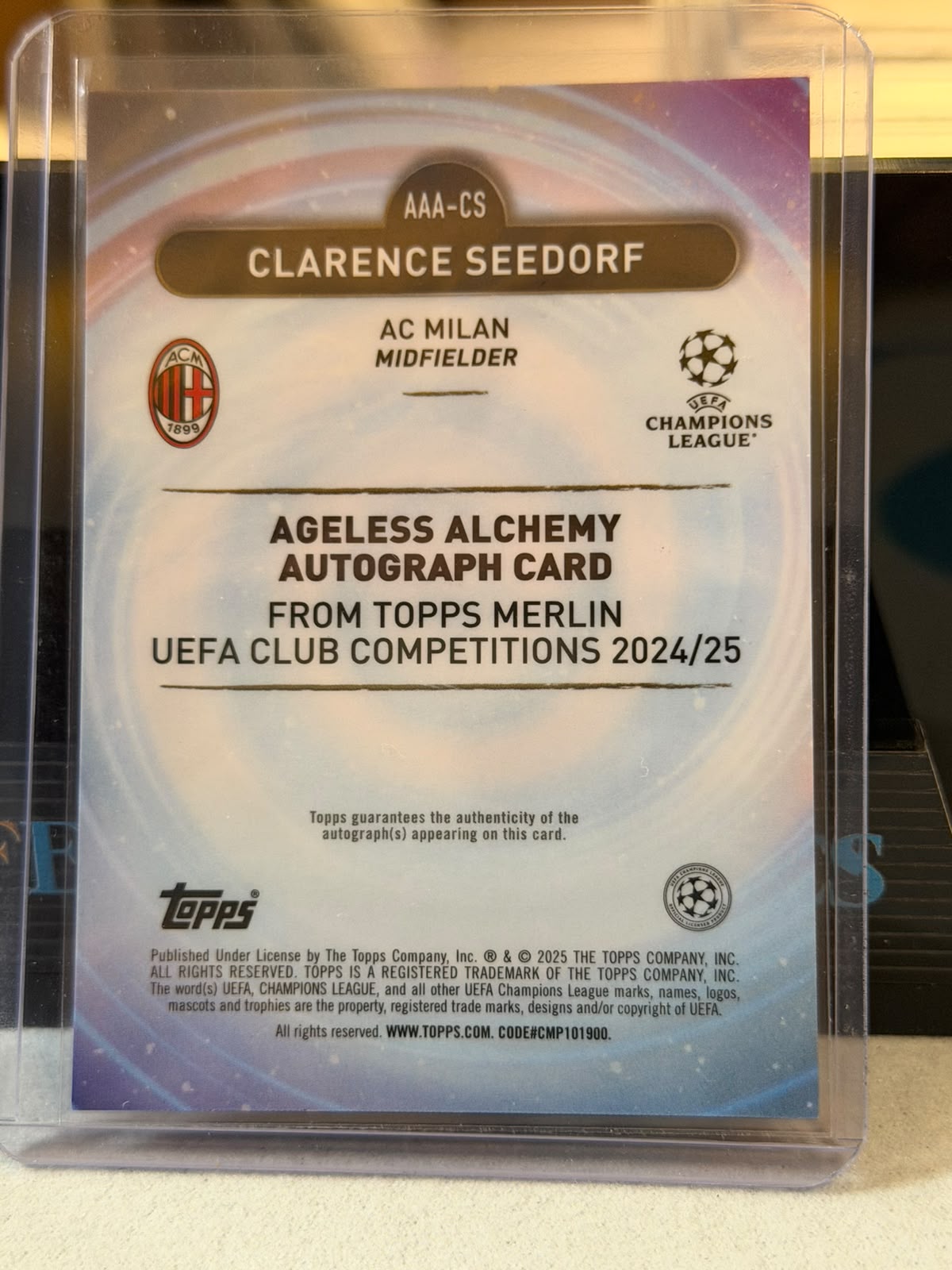Clarence Seedorf Ageless Alchemy Autograph – 2024-25 Topps Merlin UEFA Club Competitions – AC Milan trading card, back