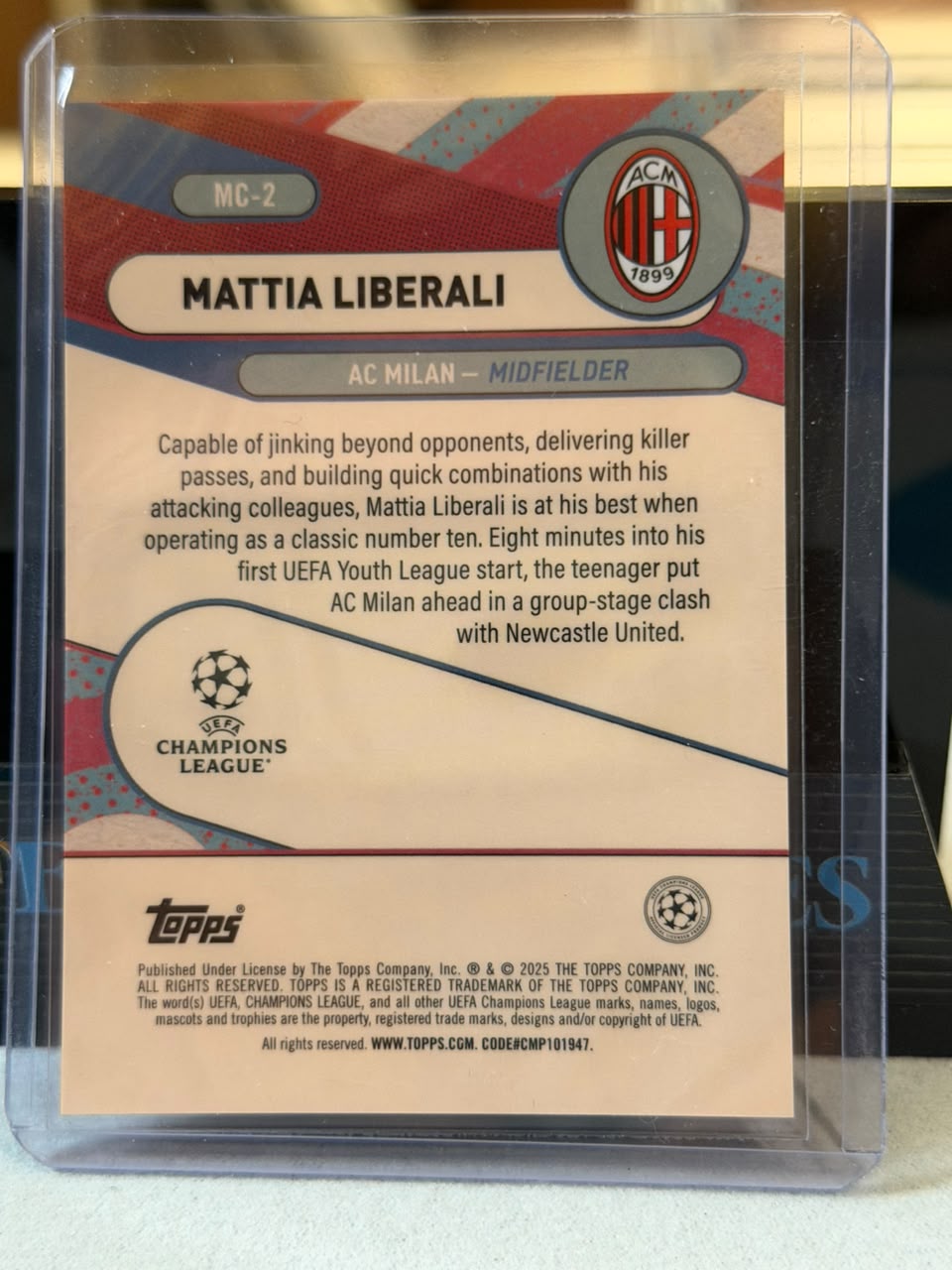 Mattia Liberali Merlin's Chosen Ones Purple Parallel (RC) – 2024-25 Topps Merlin UEFA Club… – AC Milan trading card, back