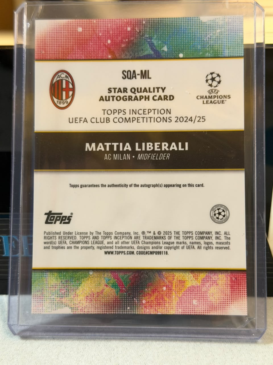 Mattia Liberali Star Quality Autograph (RC) – 2024-25 Topps Inception UEFA Club Competitions – AC Milan trading card, back
