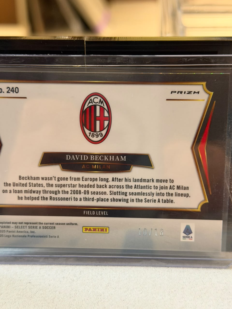 David Beckham Field Level Parallel – 2024-25 Panini Select Serie A – AC Milan trading card, back
