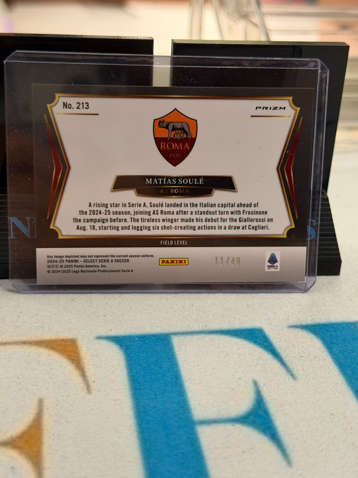 Matías Soulé Purple Prizm Field Level Parallel – 2024-25 Panini Select Serie A – AS Roma trading card, back