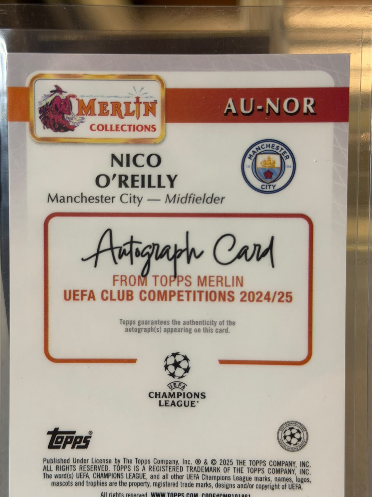 Nico O'Reilly 30/75 – Autographs (Green) – 2024-25 Topps Merlin UEFA Club Competitions – Manchester City trading card, back