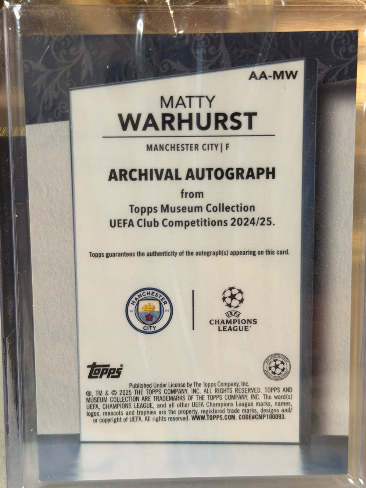 Matty Warhurst 02/50 – Archival Autograph – 2024-25 Topps Museum Collection UEFA Club C… – Manchester City trading card, back