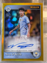 Nico O'Reilly 49/50 – Autographs (Gold) – 2024-25 Topps Merlin UEFA Club Competitions – Manchester City trading card, front