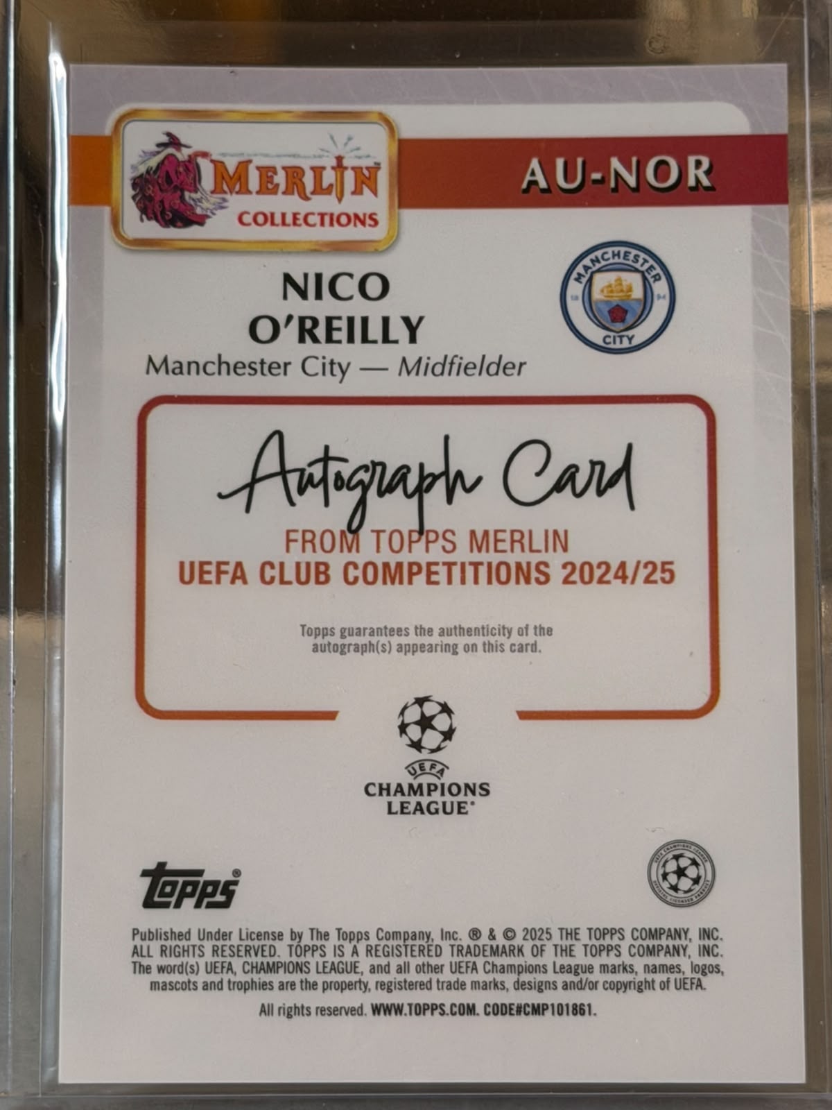 Nico O'Reilly 49/50 – Autographs (Gold) – 2024-25 Topps Merlin UEFA Club Competitions – Manchester City trading card, back