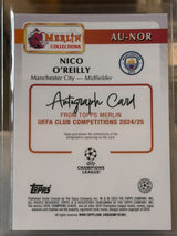 Nico O'Reilly 49/50 – Autographs (Gold) – 2024-25 Topps Merlin UEFA Club Competitions – Manchester City trading card, back
