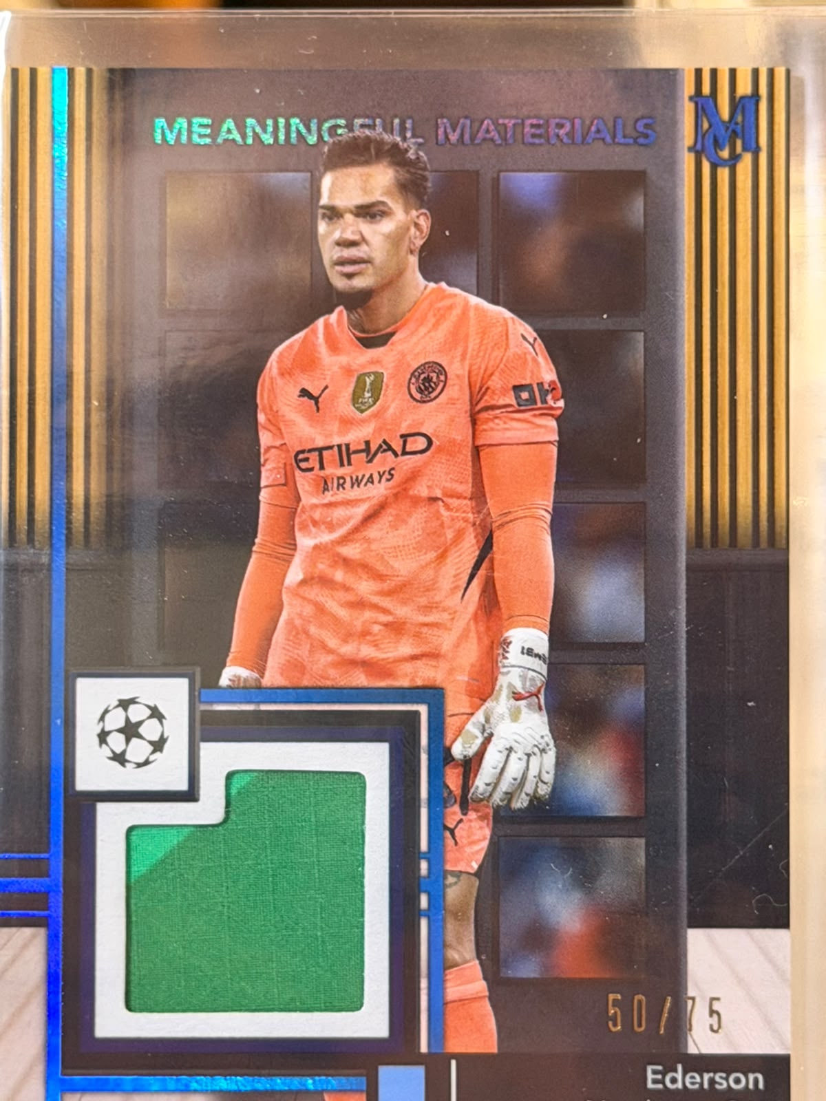 Ederson 50/75 – Meaningful Materials – 2024-25 Topps Museum Collection UEFA Club Compe… – Manchester City trading card, front
