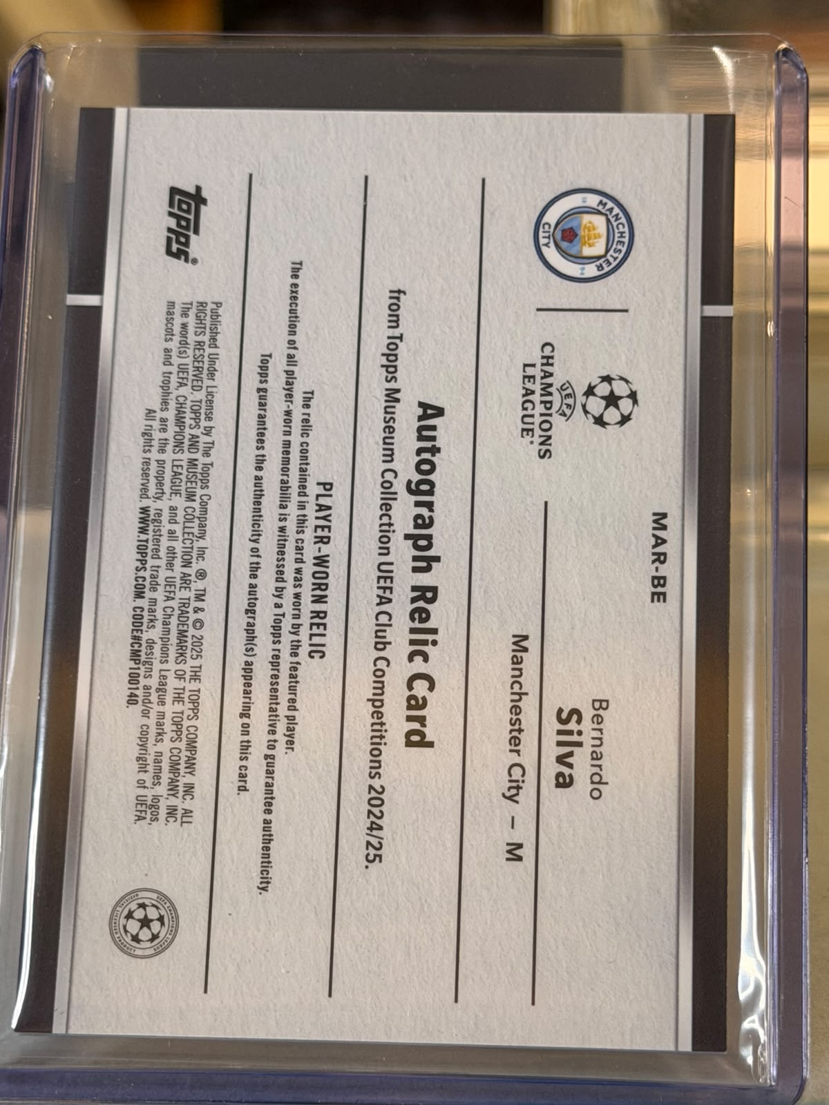 Bernardo Silva 41/99 – Museum Autograph Relics – 2024-25 Topps Museum Collection UEFA C… – Manchester City trading card, back