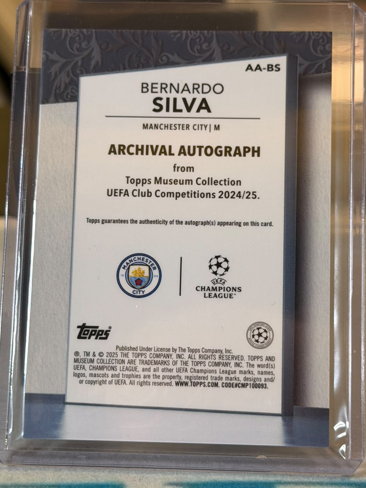 Bernardo Silva 07/99 – Archival Autograph – 2024-25 Topps Museum Collection UEFA Club C… – Manchester City trading card, back