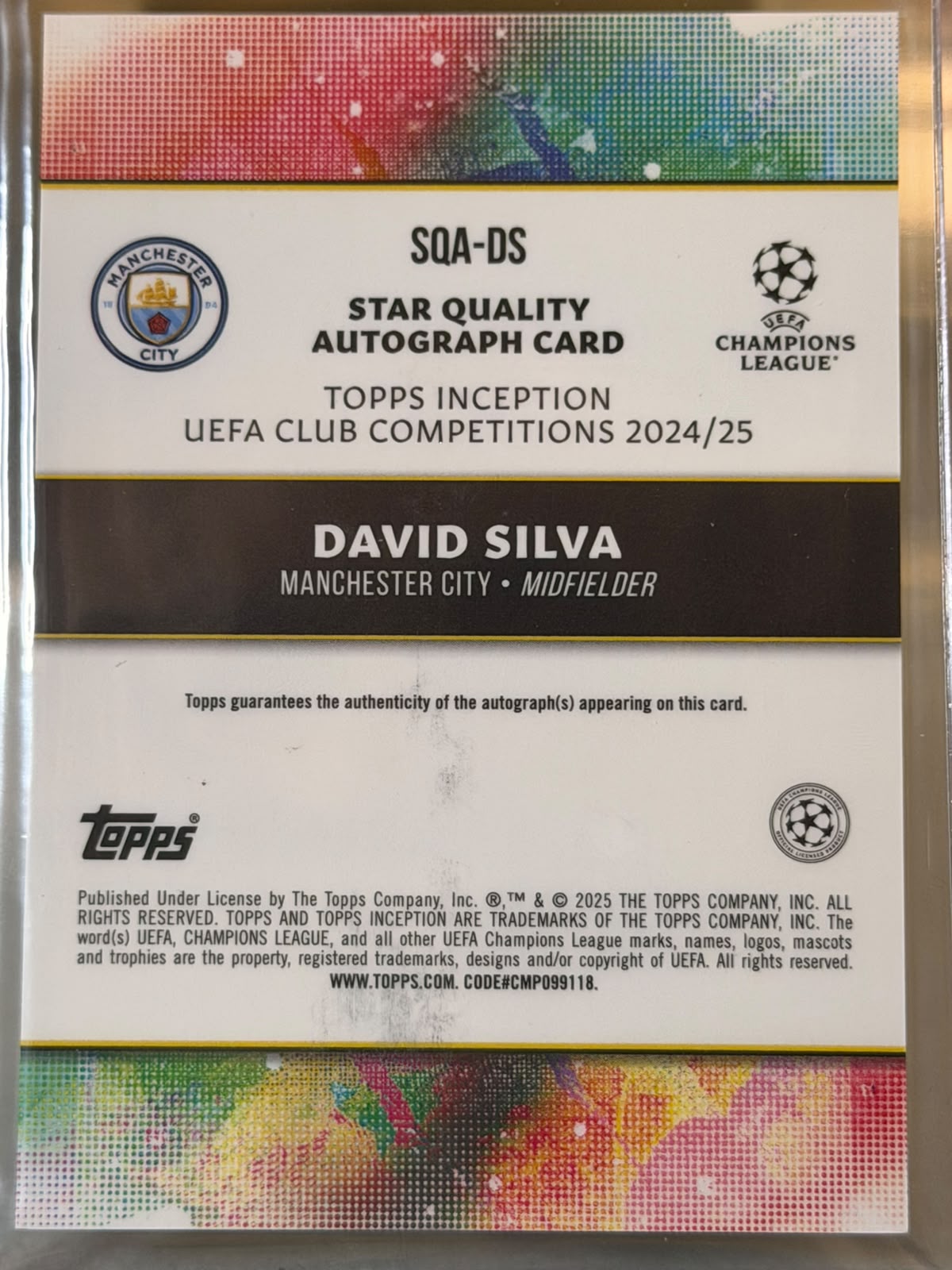 David Silva 92/99 – Star Quality Autograph (Green Refractor) – 2024-25 Topps Inception… – Manchester City trading card, back