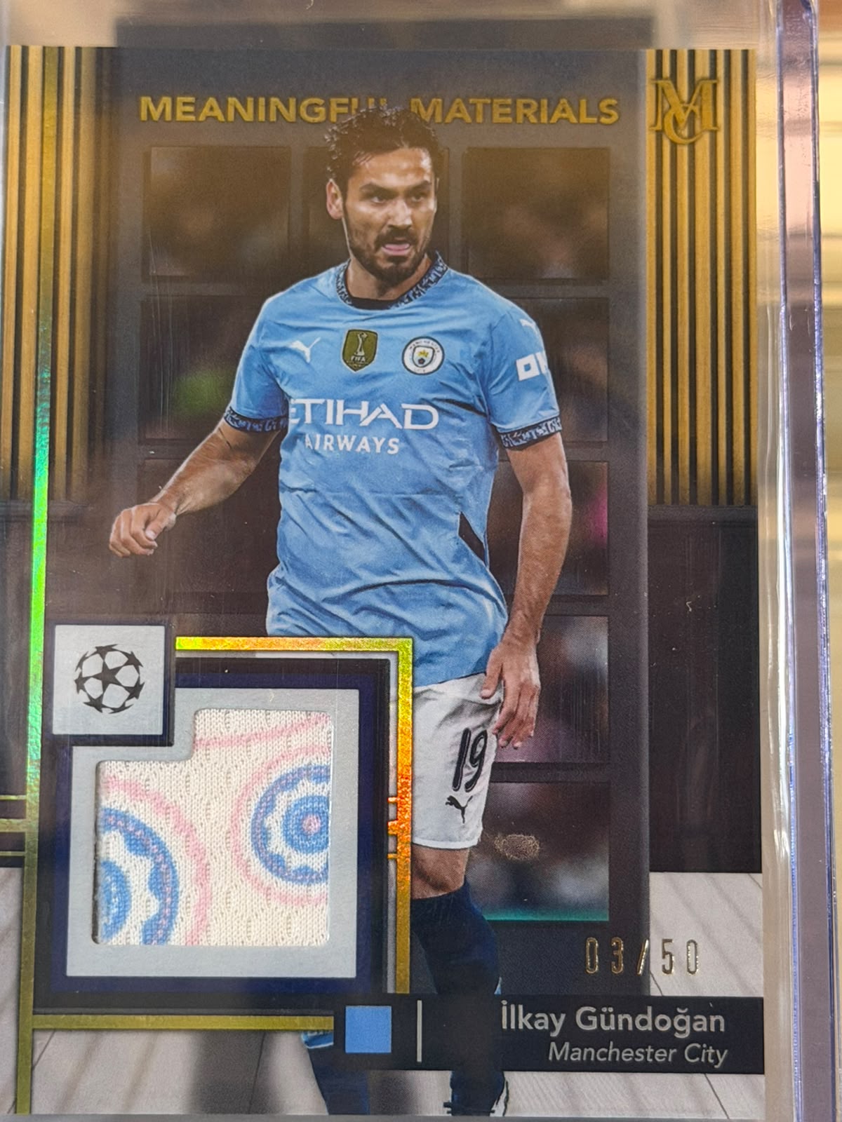 Ilkay Gundogan 03/50 – Meaningful Materials – 2024-25 Topps Museum Collection UEFA Clu… – Manchester City trading card, front