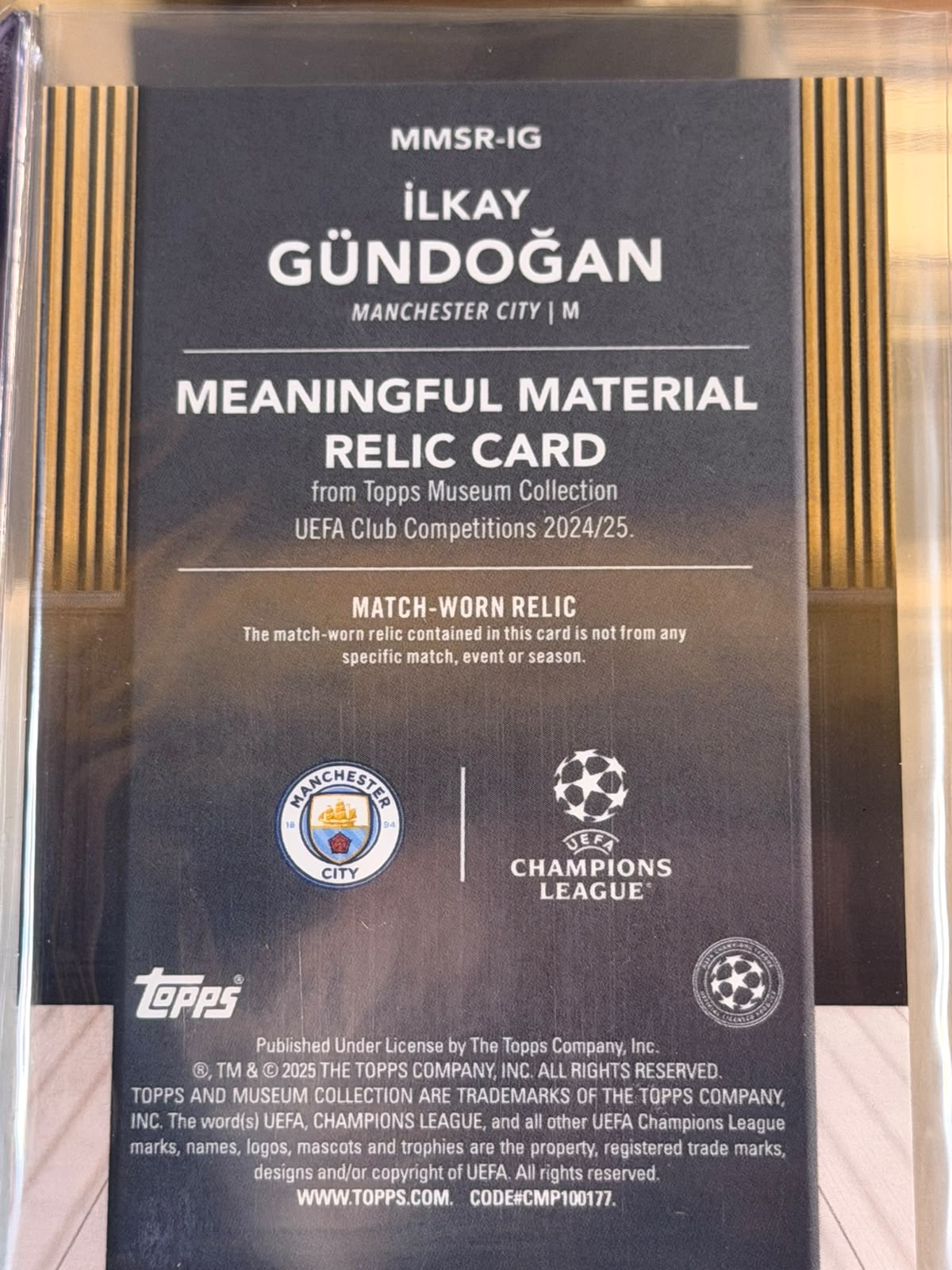 Ilkay Gundogan 03/50 – Meaningful Materials – 2024-25 Topps Museum Collection UEFA Club… – Manchester City trading card, back