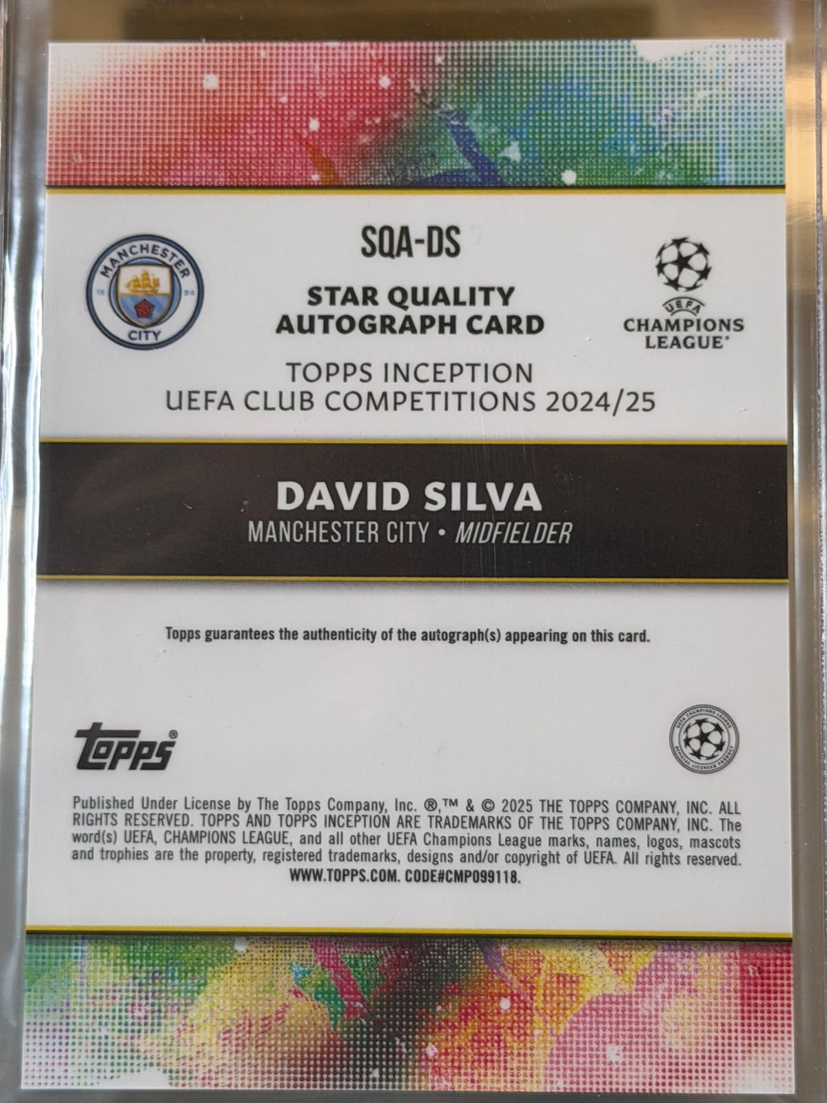 David Silva 37/99 – Star Quality Autograph (Green Refractor) – 2024-25 Topps Inception… – Manchester City trading card, back