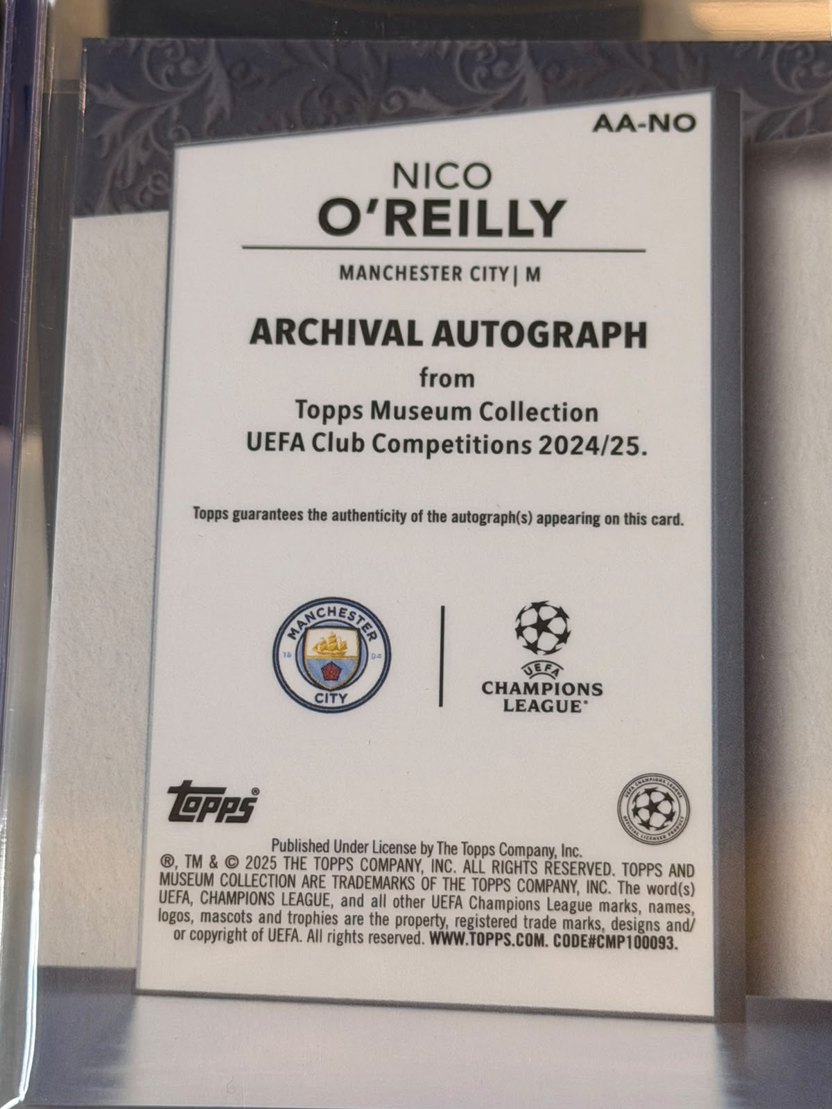 Nico O'Reilly 37/75 – Archival Autograph – 2024-25 Topps Museum Collection UEFA Club Co… – Manchester City trading card, back