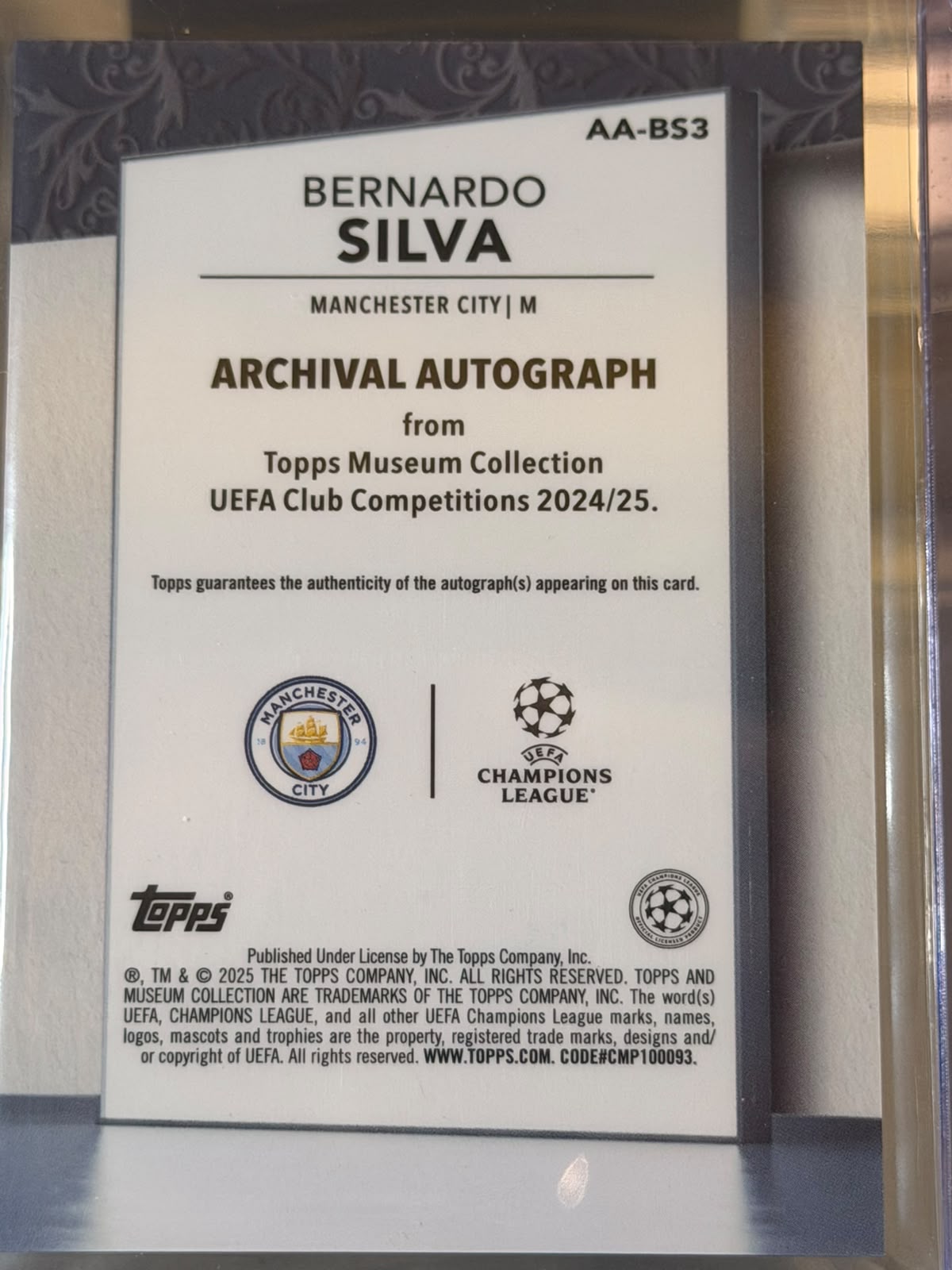 Bernardo Silva 20/25 – Archival Autograph – 2024-25 Topps Museum Collection UEFA Club C… – Manchester City trading card, back