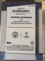 Matty Warhurst 42/50 – Archival Autograph – 2024-25 Topps Museum Collection UEFA Club C… – Manchester City trading card, back