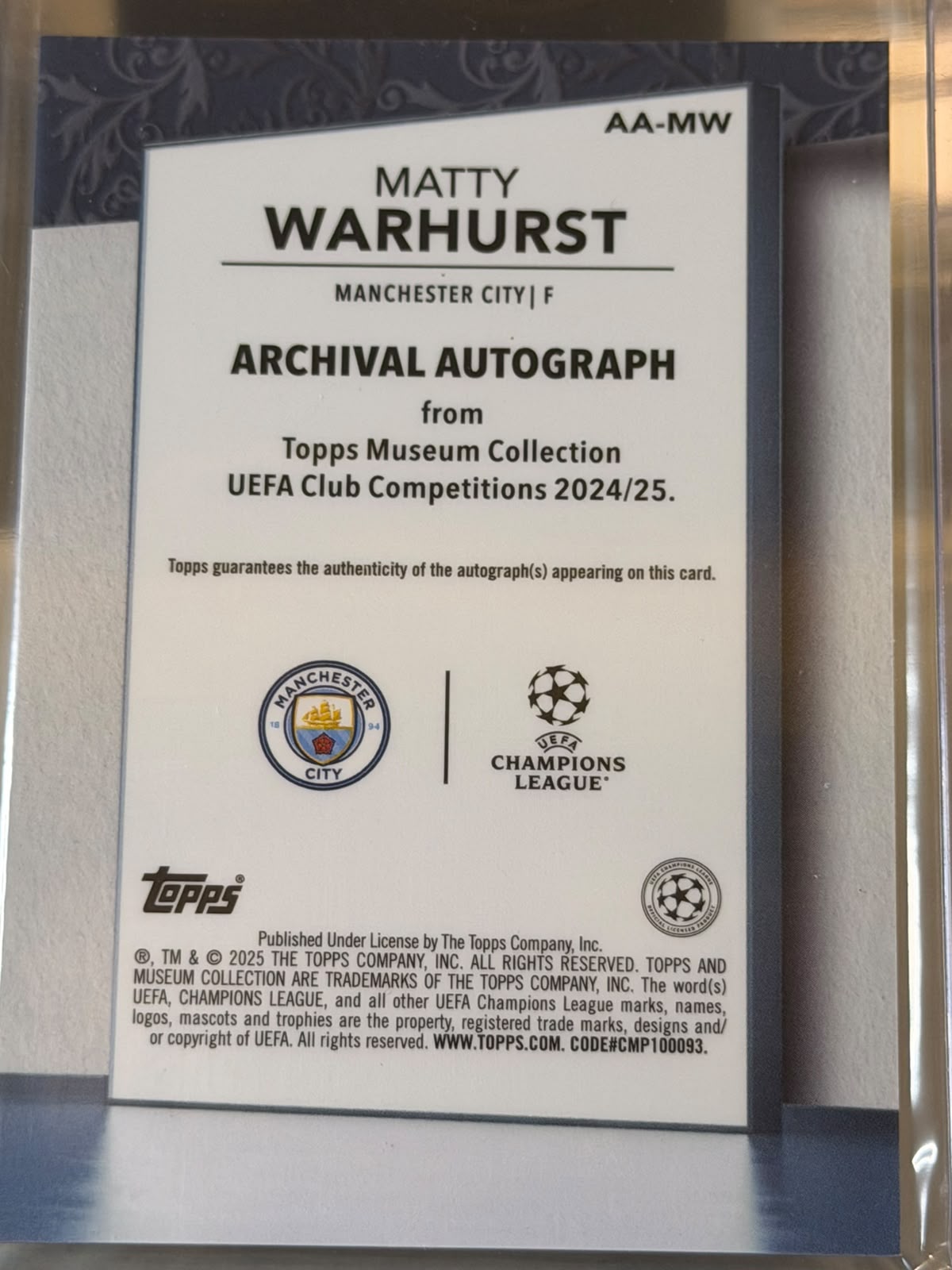 Matty Warhurst 42/50 – Archival Autograph – 2024-25 Topps Museum Collection UEFA Club C… – Manchester City trading card, back