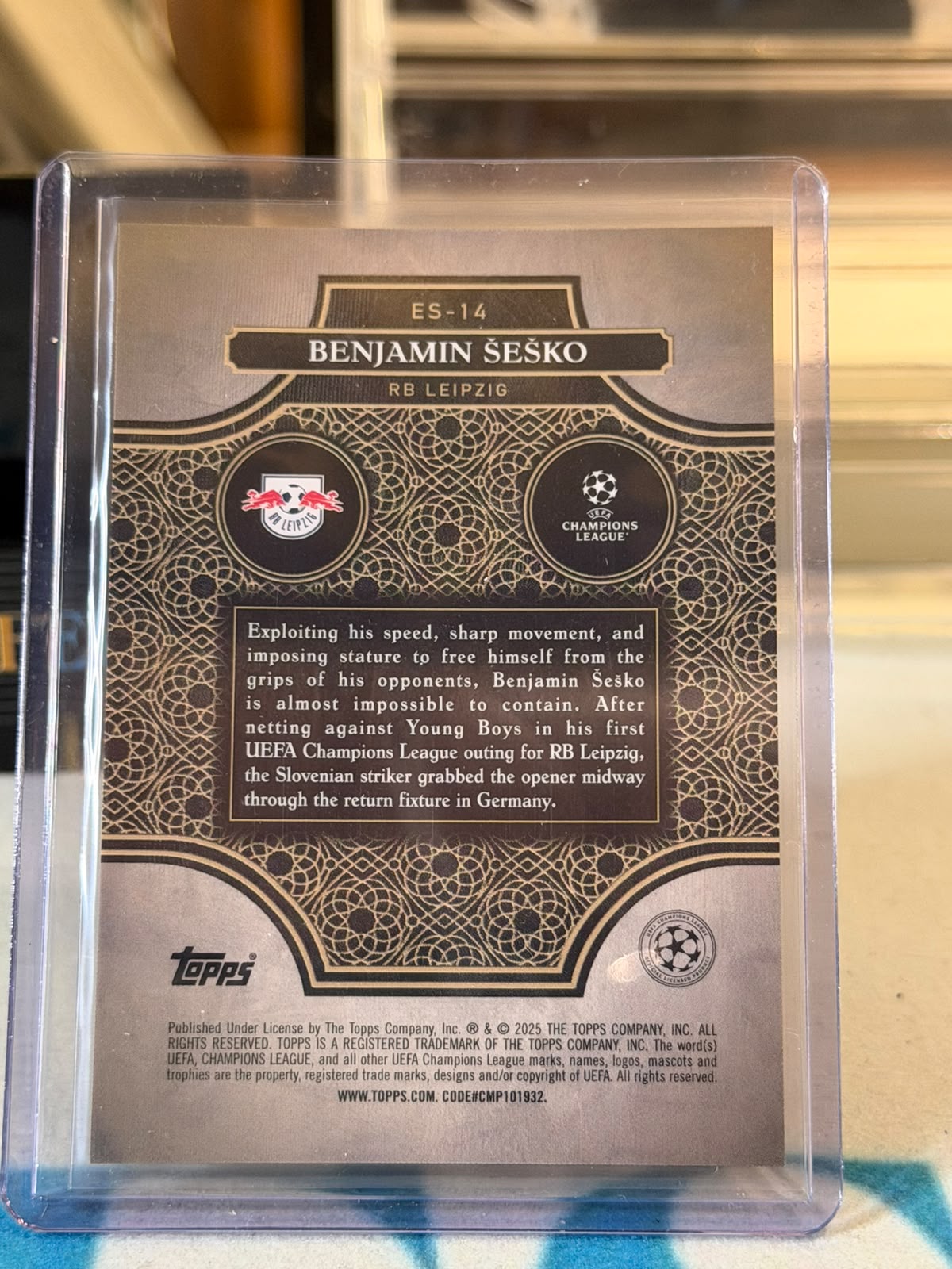 Benjamin Šeško 34/50 Elite Society (Gold Mojo) – 2024-25 Topps Merlin UEFA Club Competitions – RB Leipzig trading card, back