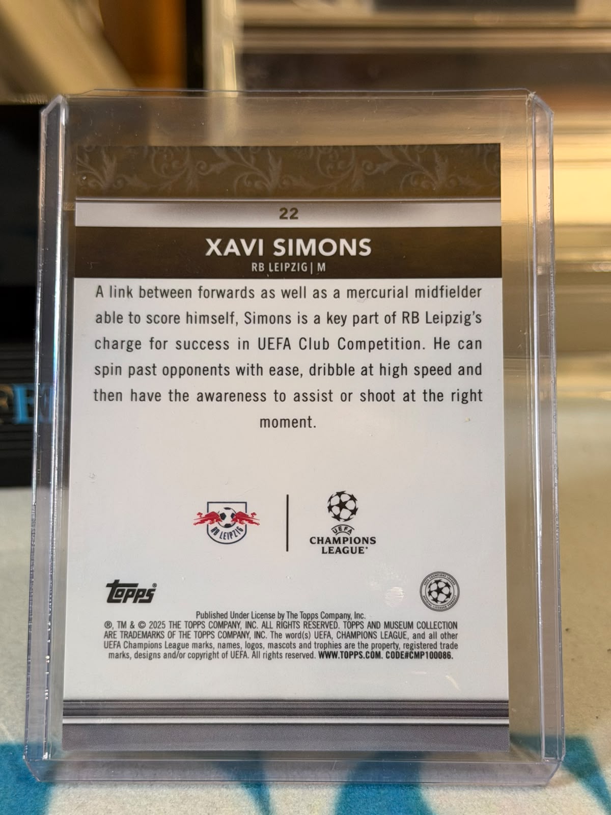 Xavi Simons 13/35 Museum Collection (Amber) – 2024-25 Topps Museum Collection UEFA Club Compe – RB Leipzig trading card, back