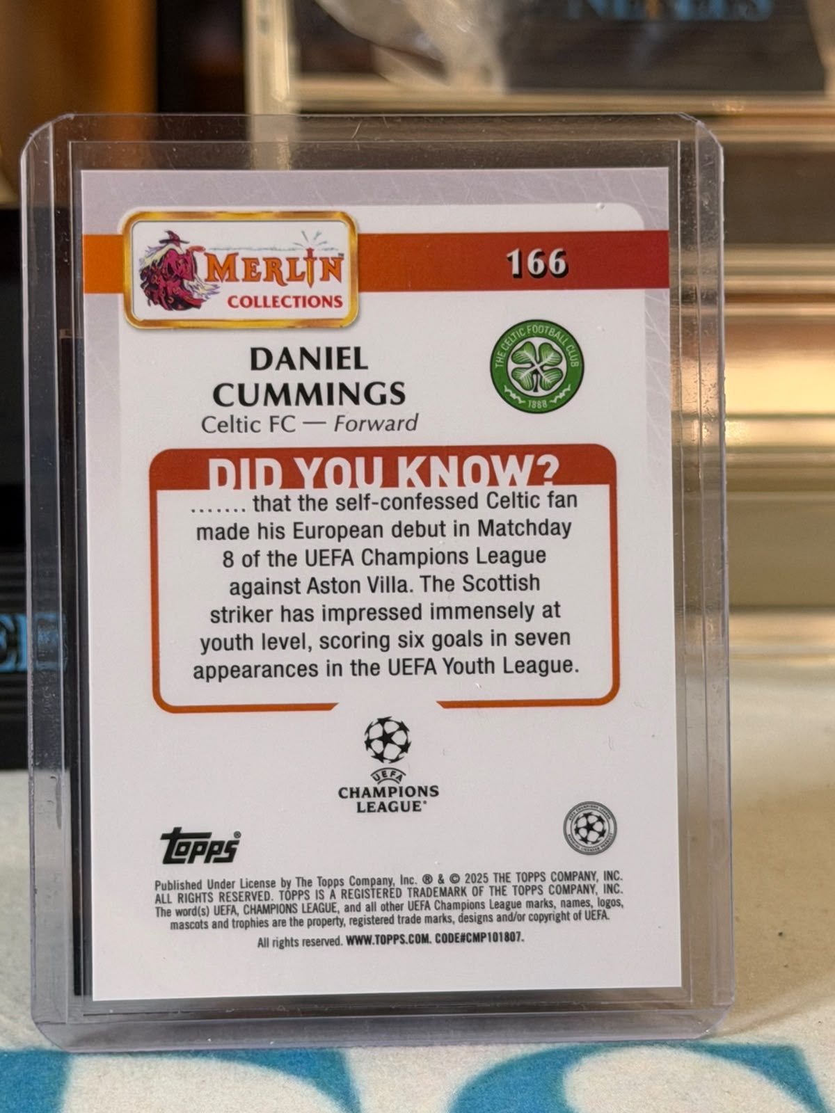Daniel Cummings 1/5 Red Speckle Refractor – 2024-25 Topps Merlin UEFA Club Competitions – Celtic trading card, back