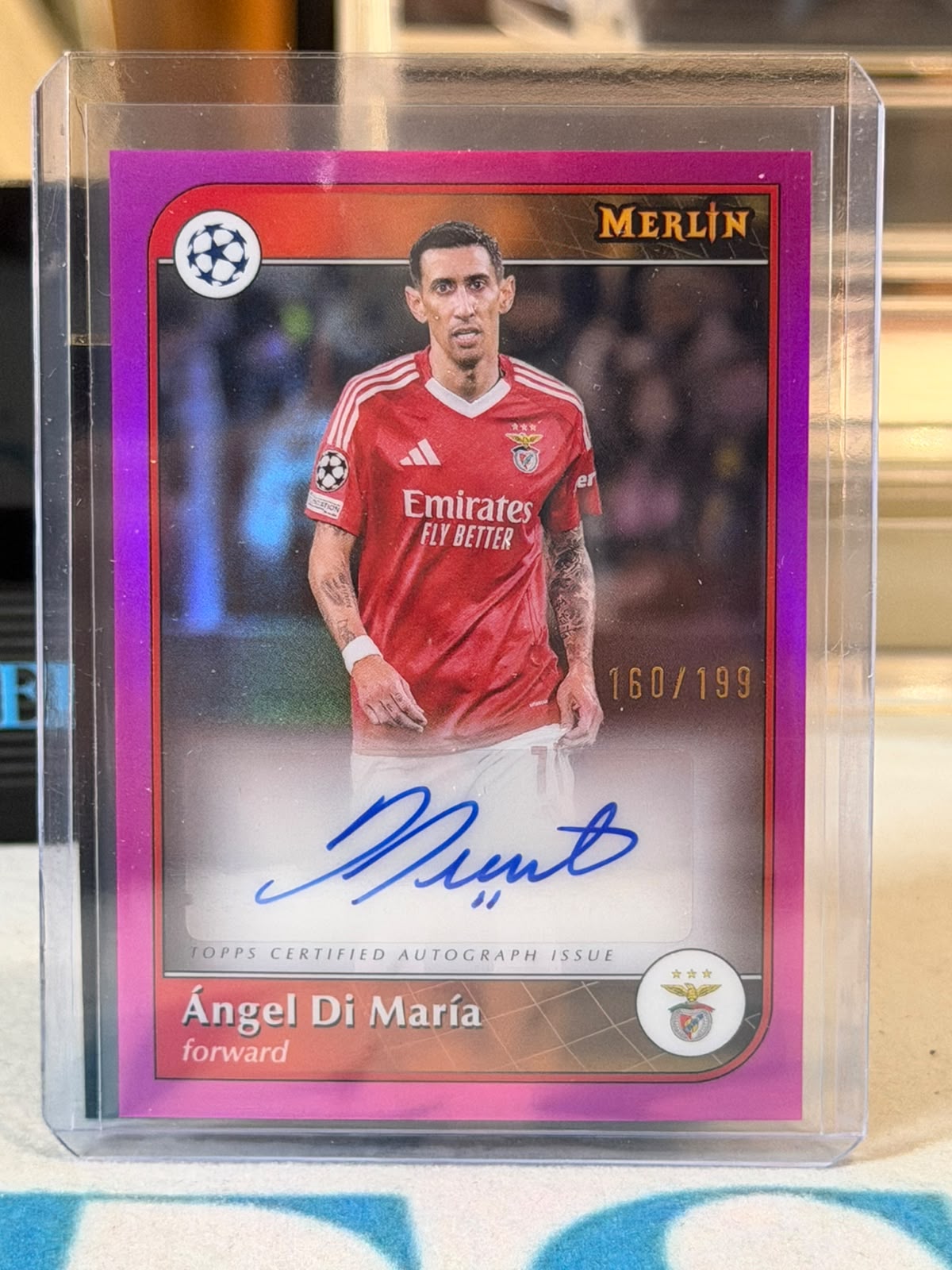 Ángel Di María 160/199 Merlin Autograph (Pink Refractor) – 2024-25 Topps Merlin UEFA Club – Benfica trading card, front