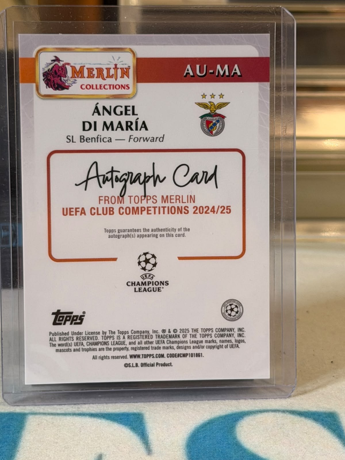 Ángel Di María 077/199 Merlin Autograph (Pink Refractor) – 2024-25 Topps Merlin UEFA Club – Benfica trading card, back