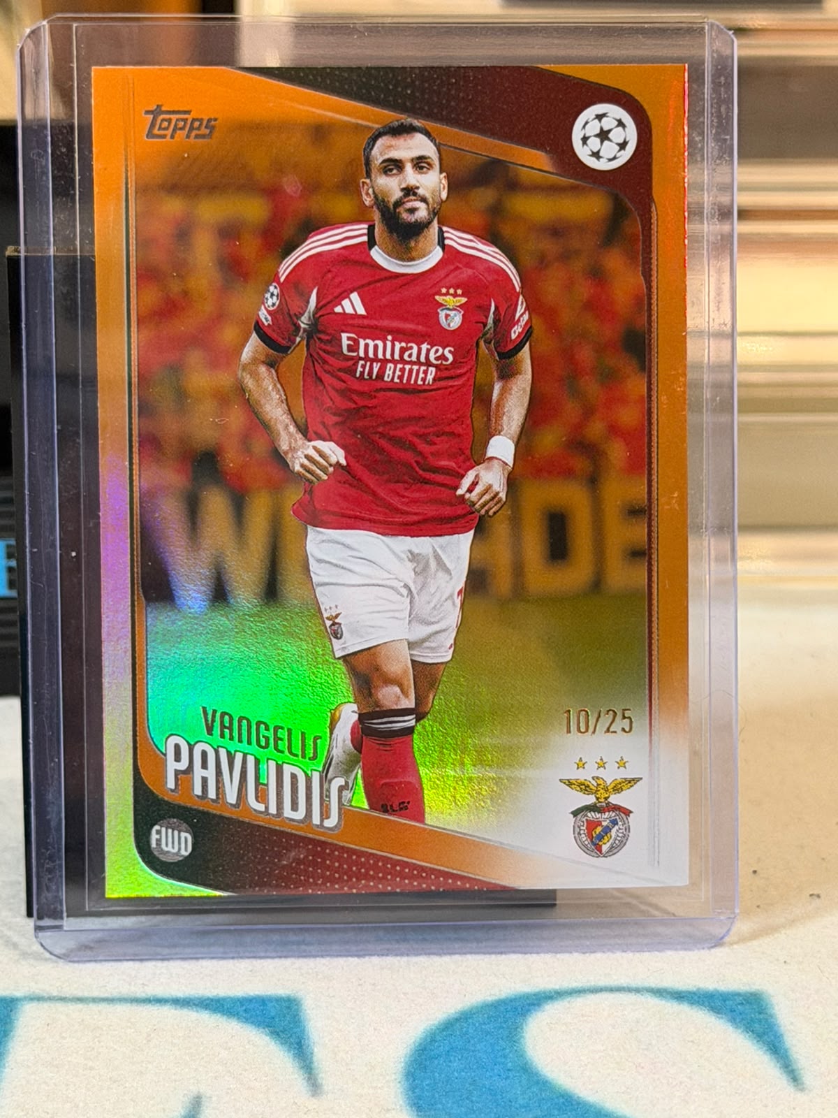 Vangelis Pavlidis 10/25 Orange Foil – 2025-26 Topps UEFA Club Competitions – Benfica trading card, front